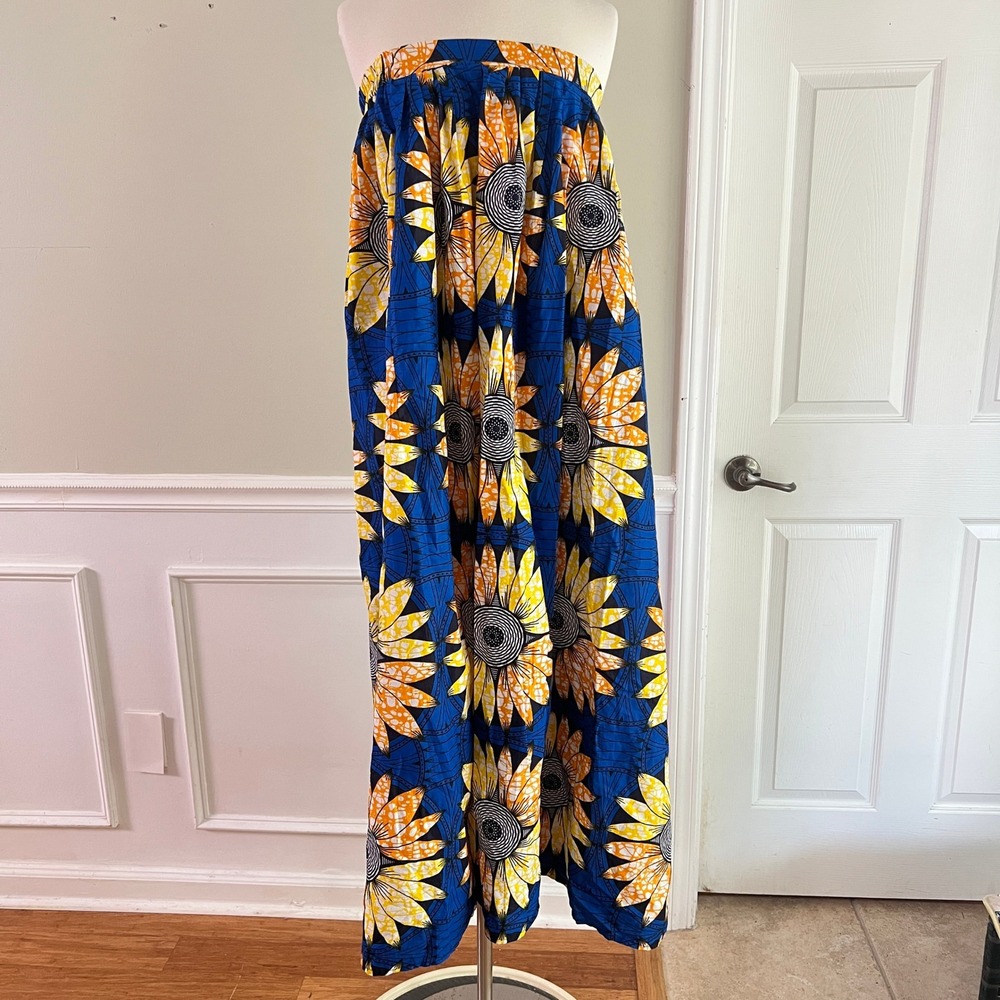 Grass-Fields Sunflower Maxi‎ Skirt L Womens African Wax Print Blue Yellow Boho